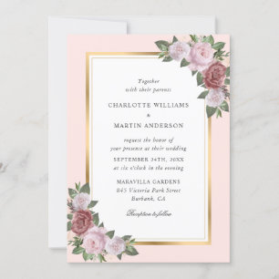 Invitation Floral Blush Peach Gold Frame Rustique Mariage