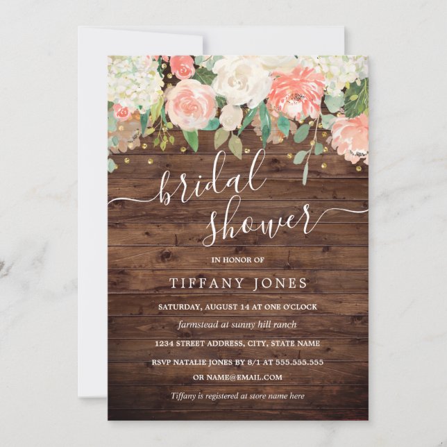 Invitation Floral Blush Pink Gold Rustic Wood Fête des mariée (Devant)
