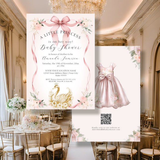Invitation Floral Blush Pink Ribbon Swan Baby shower or (Créateur téléchargé)