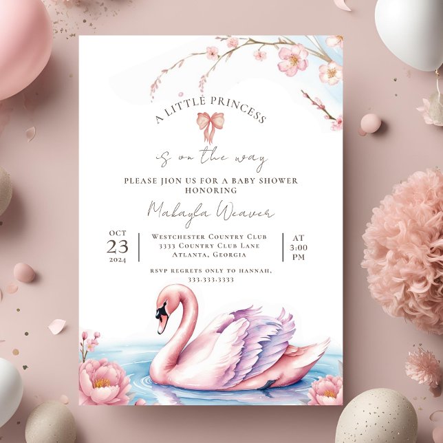 Invitation Floral Blush Pink Ribbon Swan Baby shower or (Créateur téléchargé)