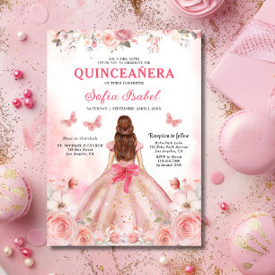 Invitation Floral Blush rose Bilingue Espagnol Quinceanera