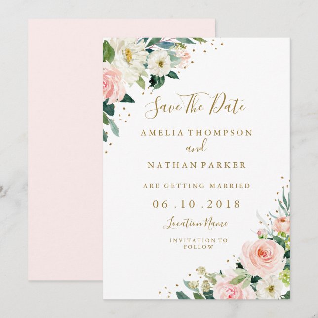 Invitation Floral Blush Rose Gold Wedding Enregistrer La Date (Devant / Derrière)