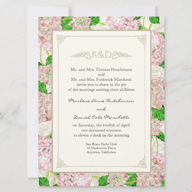 Invitation Floral Blush rose Hydrangea Aquarelle Chic dentell (Devant)