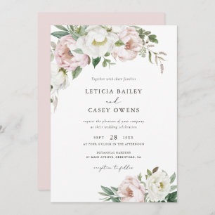 Invitation Floral Blush White Peonies Leaf Élégant mariage