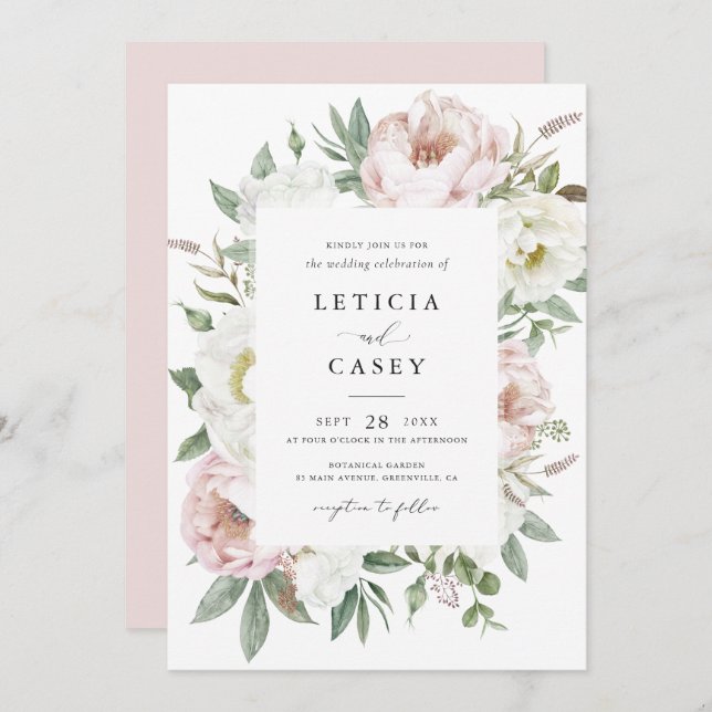 Invitation Floral Blush White Peony Frame Mariage élégant (Devant / Derrière)