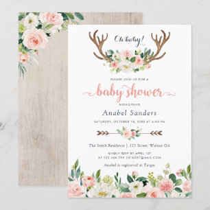 Invitation Floral Boho Antler Blush Chic Flèches Baby shower