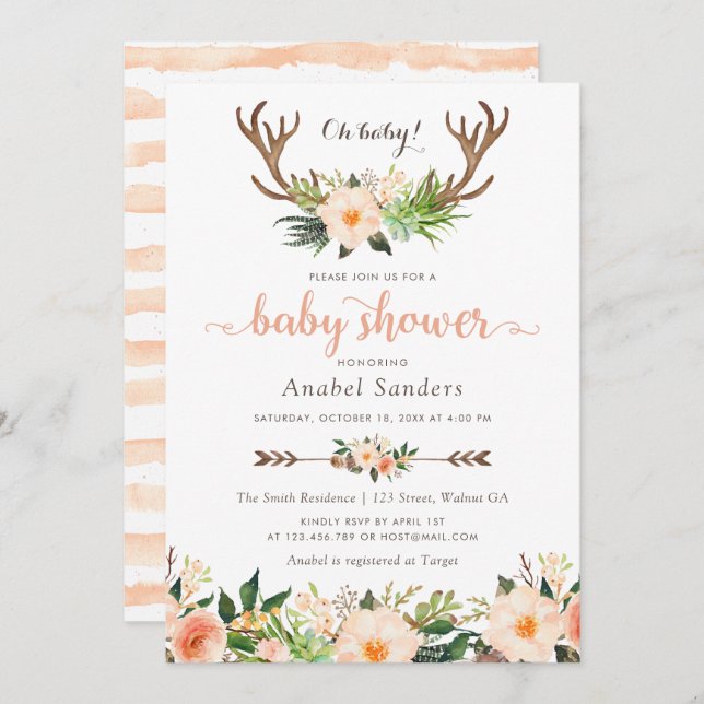 Invitation Floral Boho Antler Cactus Baby shower Succulent (Devant / Derrière)