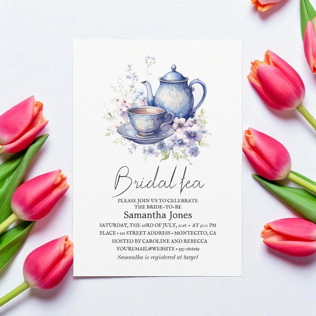 Invitation Floral Boho Blue Tea Pot Party Bridal Shower  (Créateur téléchargé)