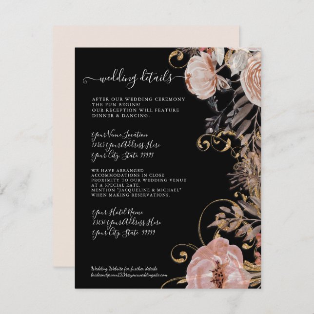 Invitation Floral Boho Blush Rose Gold séché Détails du Maria (Devant / Derrière)