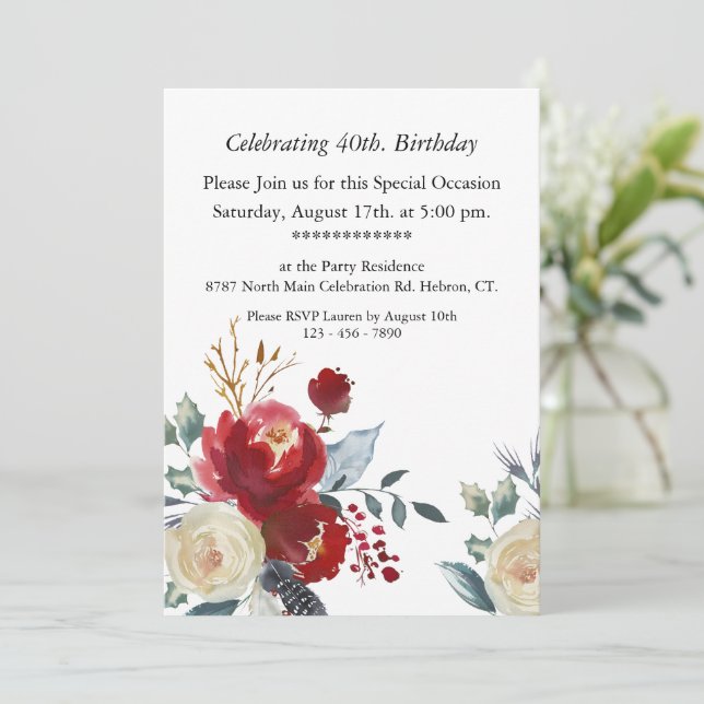Invitation Floral Boho Bourgogne, personnalisable, 40e annive (Debout devant)