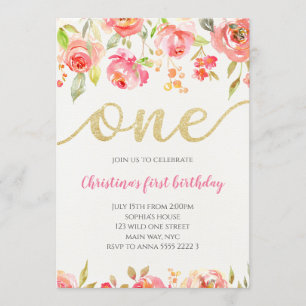Invitation Floral Boho Calligraphy Baby Girl First Birthday