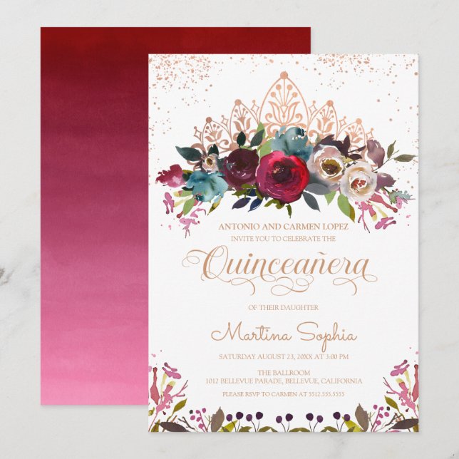 Invitation Floral Boho de Bourgogne et Quinceanera d'or (Devant / Derrière)
