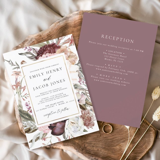 Invitation Floral Boho de Bourgogne tout en un Mariage (Créateur téléchargé)