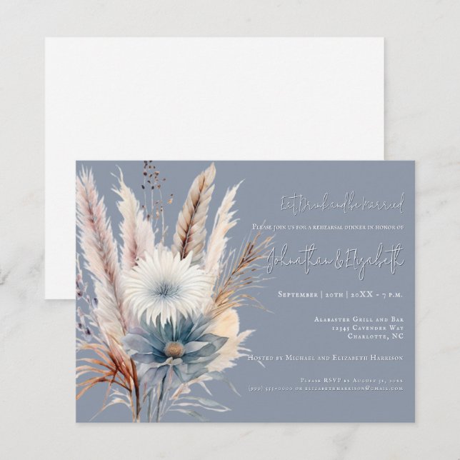 Invitation Floral Boho d'hiver | Dîner de répétition bleu (Devant / Derrière)