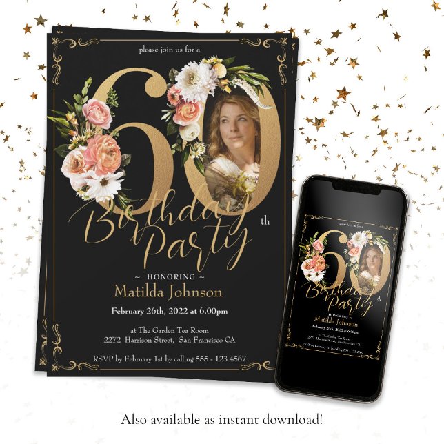 Invitation Floral Boho Photo personnalisée Black Gold 60e ann (Black Gold 60th Birthday Floral Boho Custom Photo Invitation)