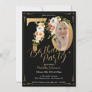 Invitation Floral Boho Photo personnalisée Black Gold 70e ann