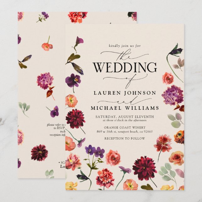 Invitation Floral Boho QR Code Mariage (Devant / Derrière)