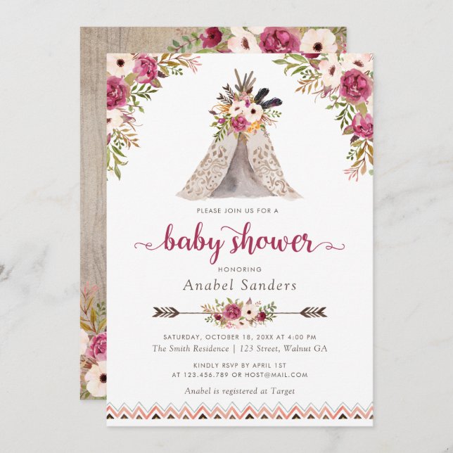 Invitation Floral Boho Teepee Chic Arrows Baby shower tribal (Devant / Derrière)