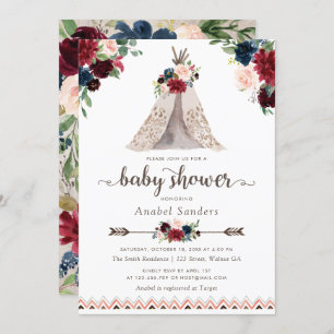 Invitation Floral Boho Teepee Navy lance un Baby shower triba