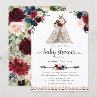 Invitation Floral Boho Teepee Navy lance un Baby shower triba