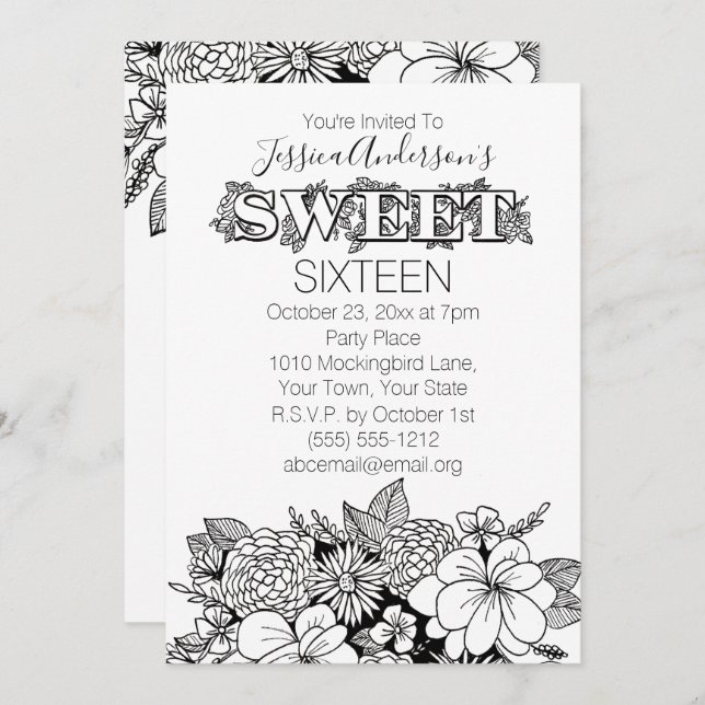 Invitation Floral Botanical Black White Sweet 16 (Devant / Derrière)