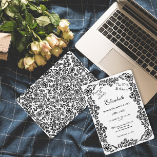 Invitation Floral botanique blanc et noir 30e anniversaire