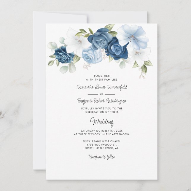Invitation Floral Botanique Dusty Bleu Moderne Mariage de aut (Devant)