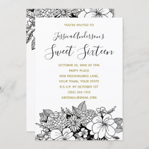 Invitation Floral Botanique Noir Blanc Or Sweet 16