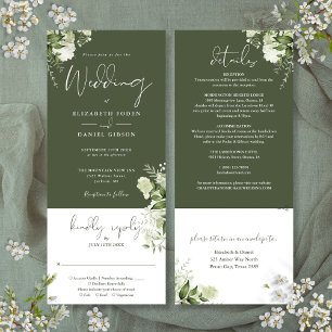 Invitation Floral Botanique Vert Olive Tout en un Mariage