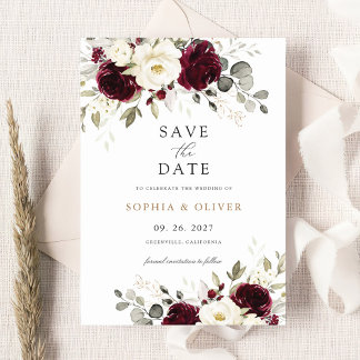 Invitation Floral Bourgogne Blanc Vert Or Enregistrer la date