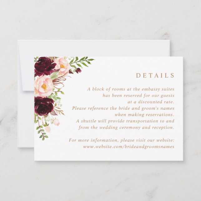Invitation Floral Bourgogne Blush Greenery Détails du Mariage (Devant)