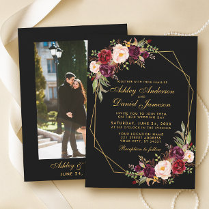 Invitation Floral Bourgogne Géométrique Noir Mariage photo