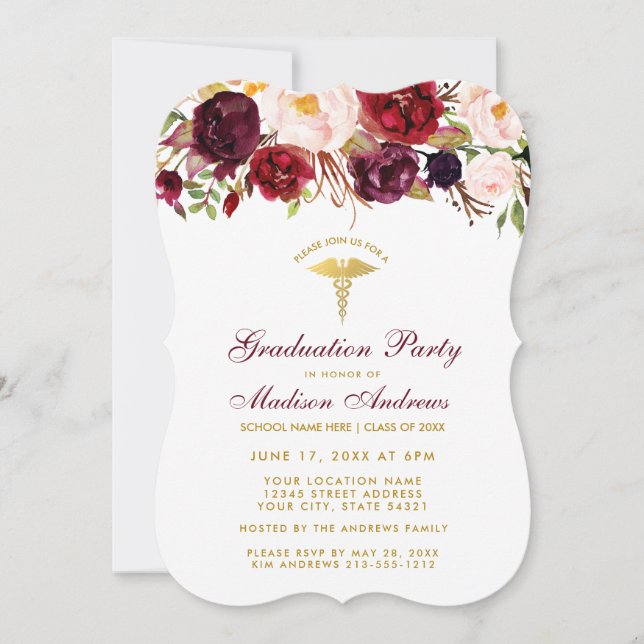 Invitation Floral Bourgogne Gold Médicale Grad Party Invitati (Devant)