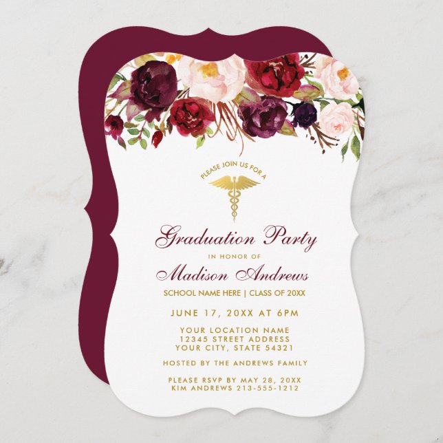 Invitation Floral Bourgogne Gold Médicale Grad Party Invitati (Devant / Derrière)