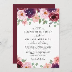 Invitation Floral Bourgogne Mariage d'aquarelle