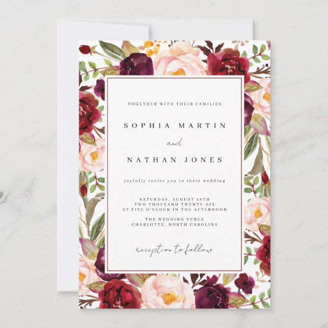 Invitation Floral Bourgogne Mariage d'aquarelle (Devant)