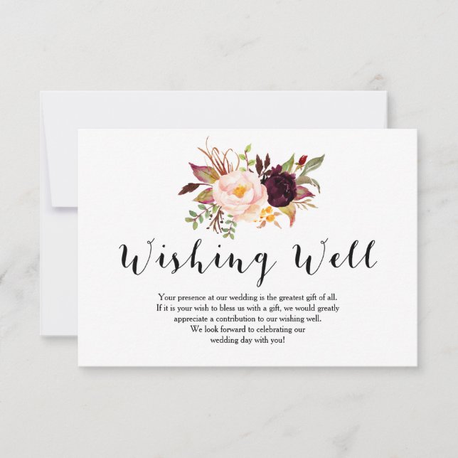 Invitation Floral Bourgogne Mariage Wishing Well Card (Devant)