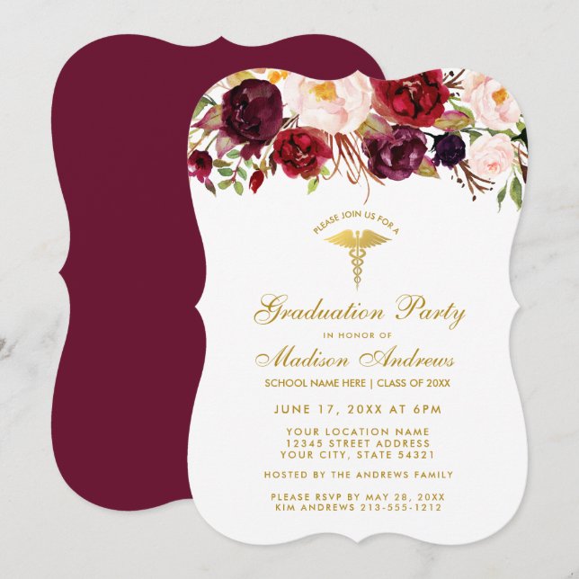 Invitation Floral Bourgogne Médicale Grad Gold Party Invitati (Devant / Derrière)