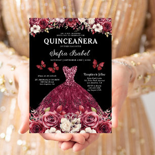 Invitation Floral Bourgogne Or Bilingue espagnol Quinceanera