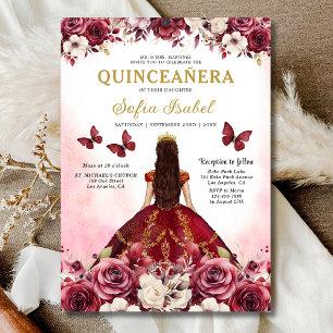 Invitation Floral Bourgogne Or Bilingue espagnol Quinceanera