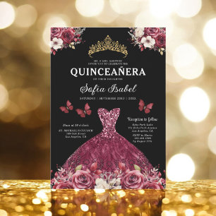 Invitation Floral Bourgogne Or Bilingue espagnol Quinceanera