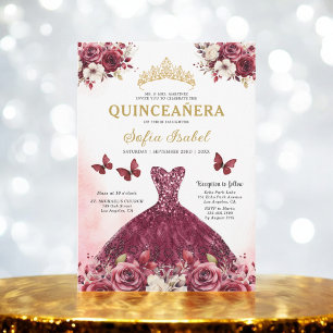 Invitation Floral Bourgogne Or Bilingue espagnol Quinceanera