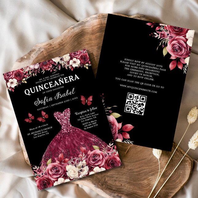 Invitation Floral Bourgogne QR Code Princesse Quinceanera (Créateur téléchargé)