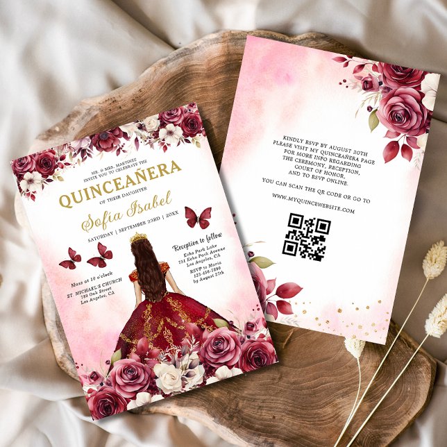 Invitation Floral Bourgogne QR Code Princesse Quinceanera (Créateur téléchargé)