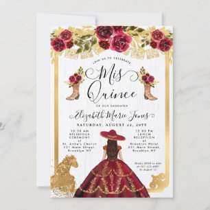 Invitation Floral Bourgogne Rouge Or Cheval Charra Quinceaner