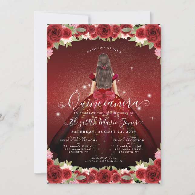 Invitation Floral Bourgogne Rouge Or Glam Princesse Quinceane (Devant)
