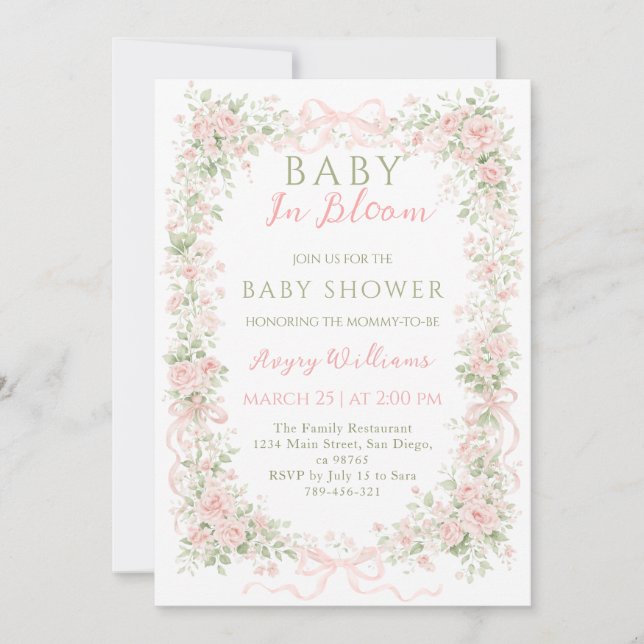 Invitation Floral Bow Baby in Bloom Girl Baby Shower (Devant)