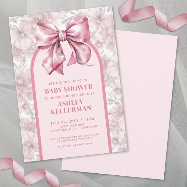 Invitation Floral Bow Baby shower fille rose (Floral Bow Pink Girl Baby Shower Invitation)
