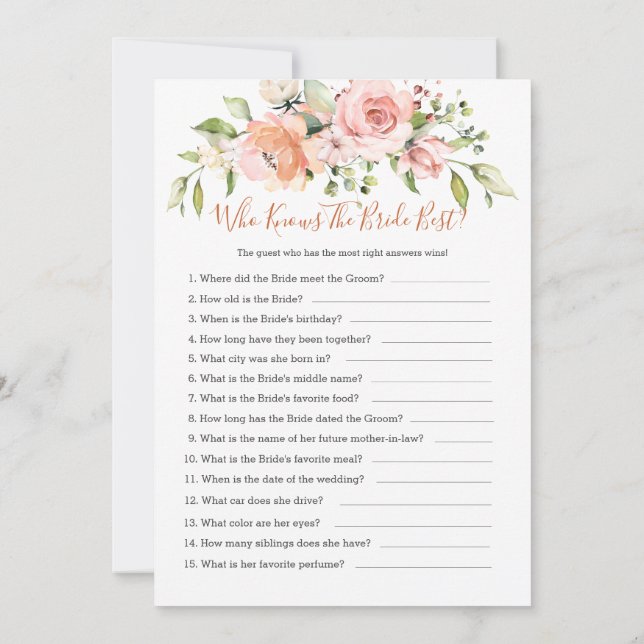 Invitation Floral Bridal Bingo/Qui connaît la Mariée meilleur (Dos)