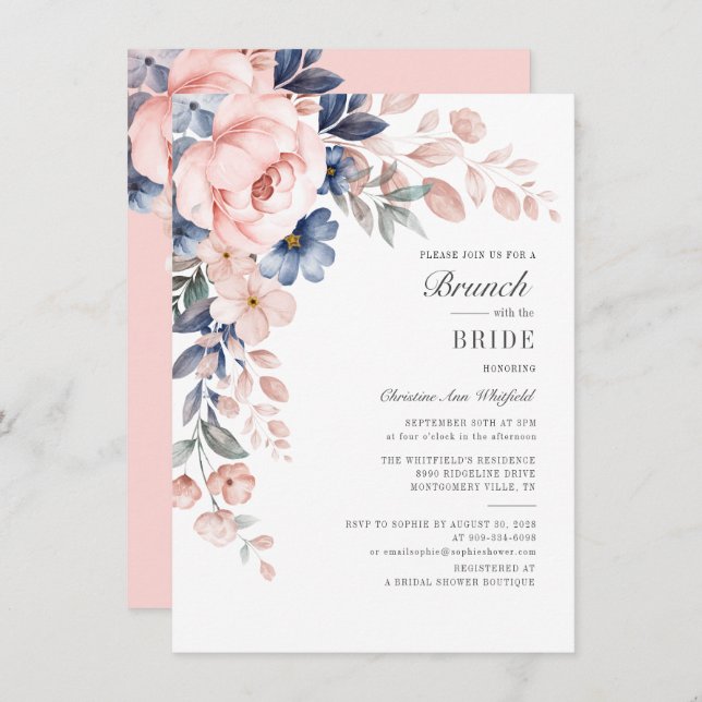 Invitation Floral Bridal Brunch Aquarelle rose bleu Fleurs (Devant / Derrière)